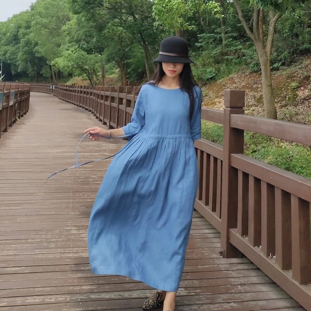 Linen/ Cotton Half Sleeves Dress Casual Maxi Midi Blue Size Small